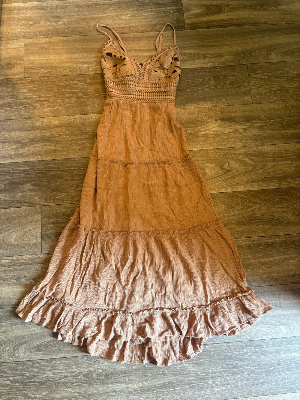 Love Tree Crochet Bodice Tiered Maxi Dress in Brown